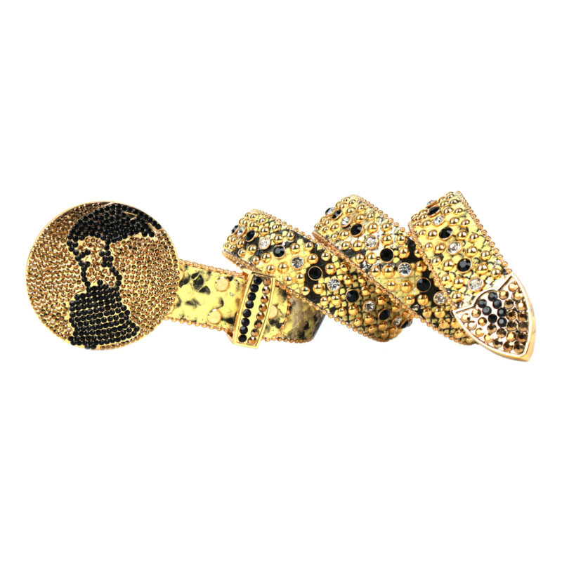 Gold - Black Globe Leather Strap with White and Black Studded Rhinestone Belt - Image 2