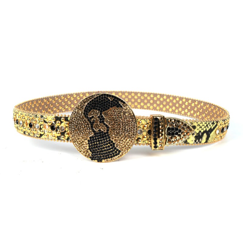 Gold - Black Globe Leather Strap with White and Black Studded Rhinestone Belt - Image 4