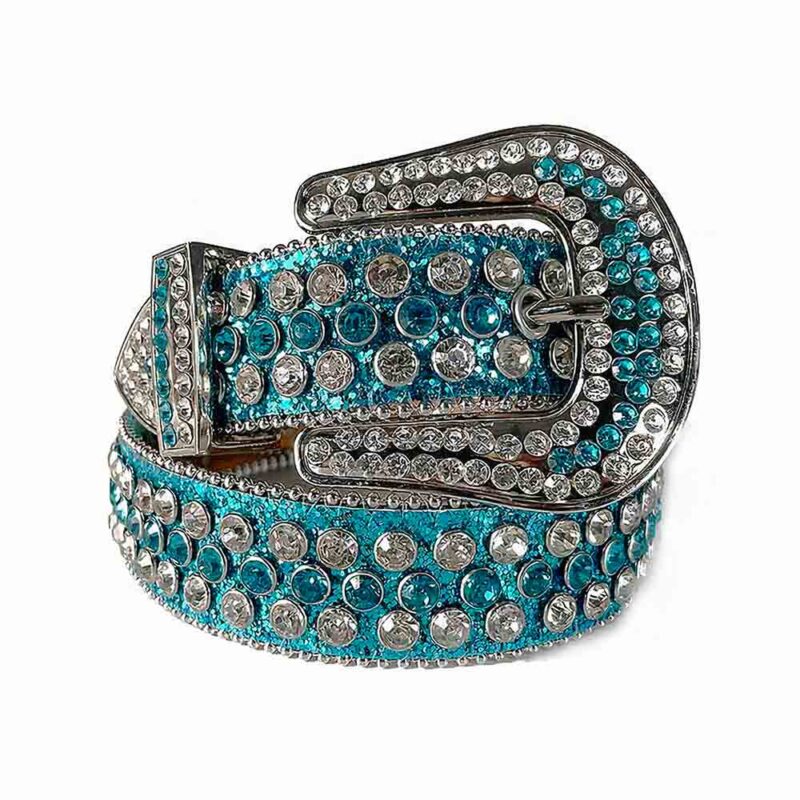 Turquoise Blue Strap BB Belt with White and Turquoise Blue Diamond Embellished Rhinestone Belt