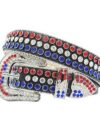 Black Leather Strap with Red White and Blue Rhinestone Belt