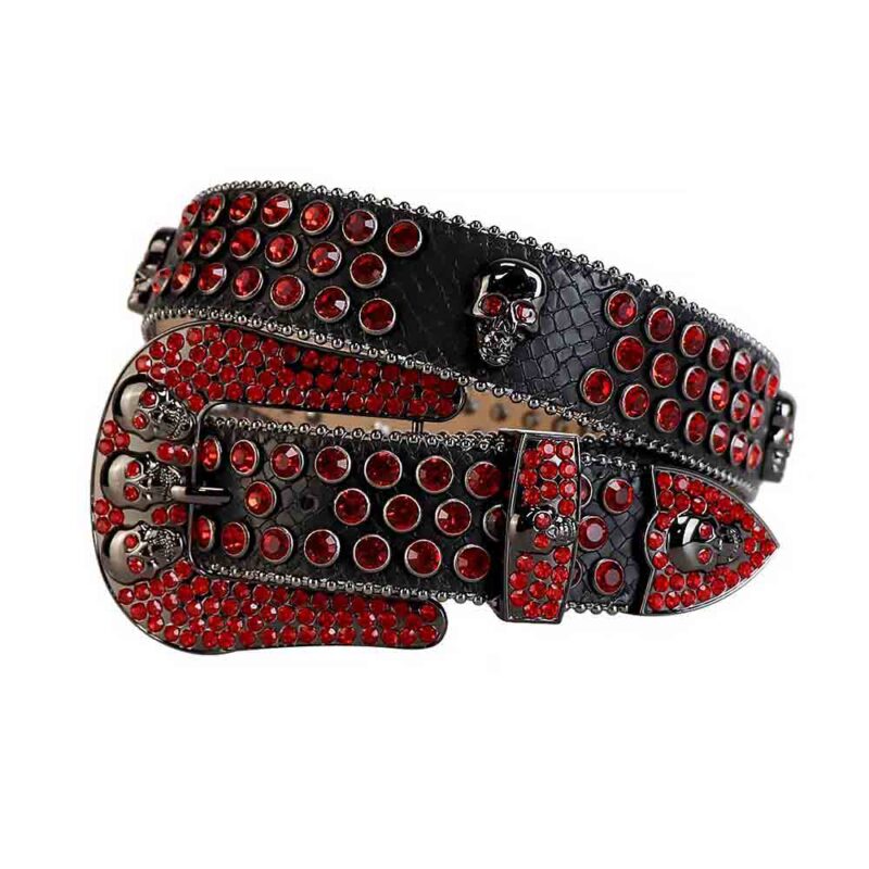 Black Leather Strap with Skulls Studded All Red Rhinestone Belt