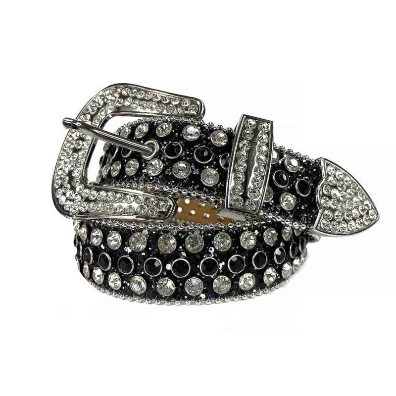 Chess Black and White - Black Strap Belt with White & Black Diamond Embellished Rhinestone Belt - Image 5