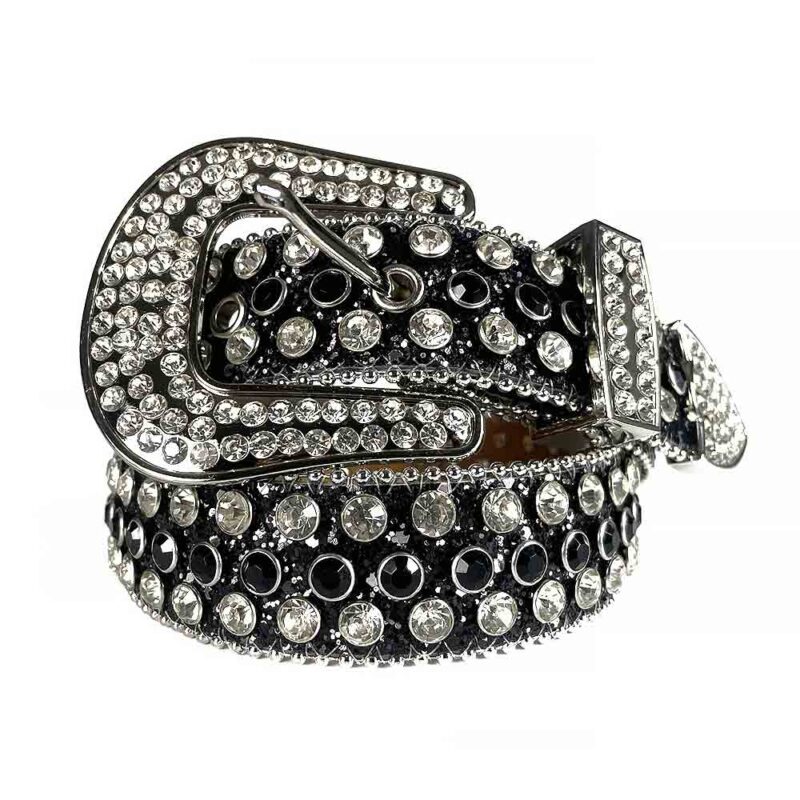 Chess Black and White - Black Strap Belt with White & Black Diamond Embellished Rhinestone Belt