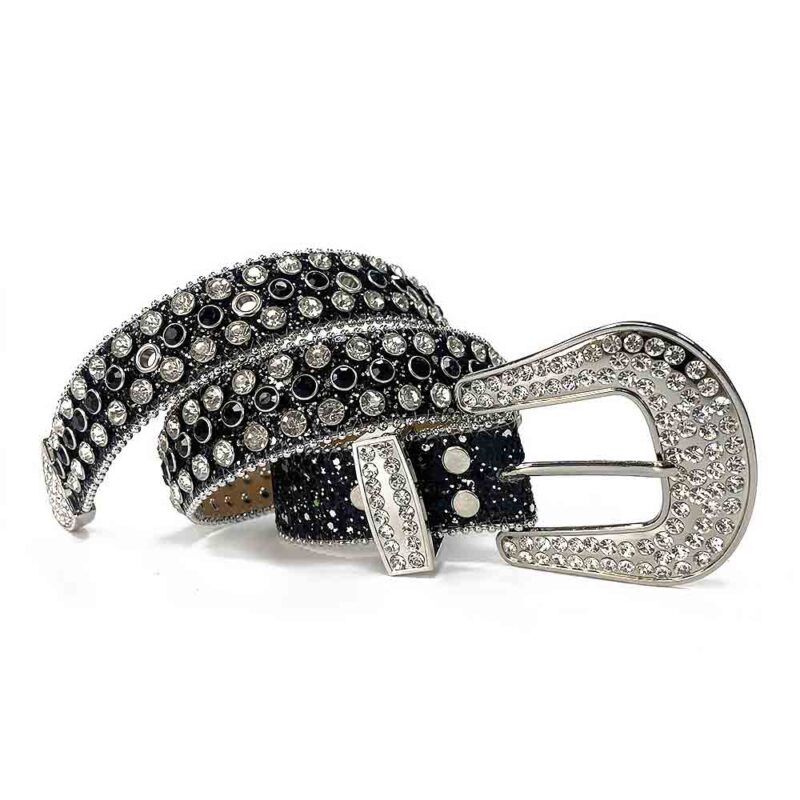 Chess Black and White - Black Strap Belt with White & Black Diamond Embellished Rhinestone Belt - Image 2