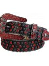 Black Leather Strap with Skulls Studded Red Rhinestone Belt