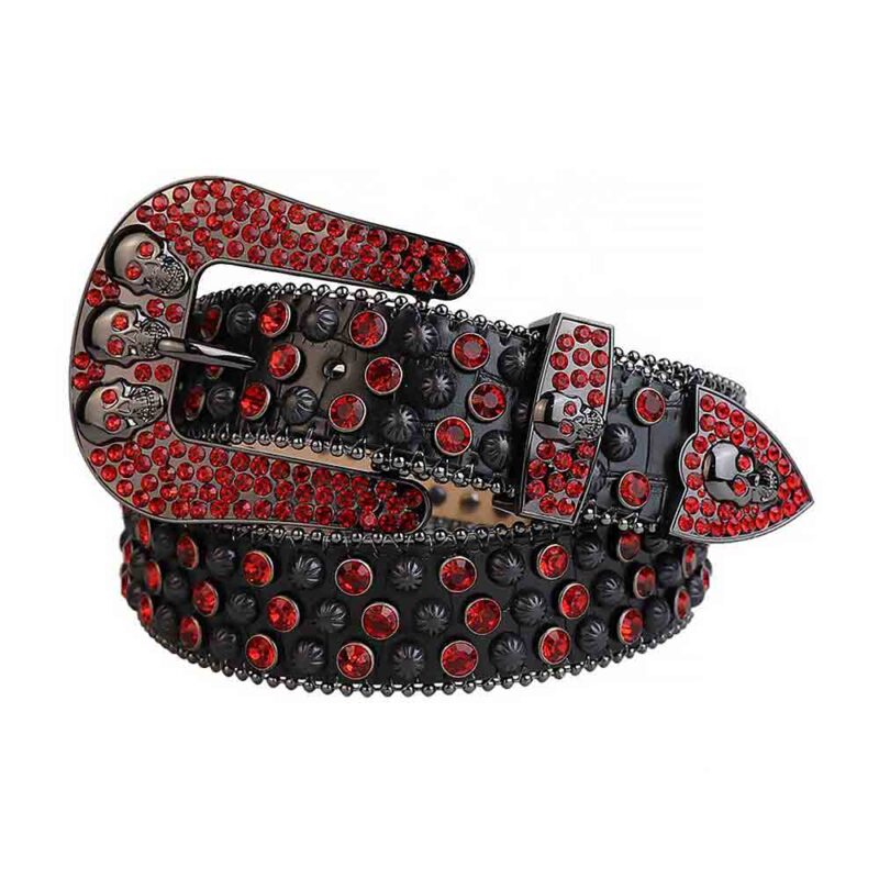 Black Leather Strap with Skulls Studded Red Rhinestone Belt