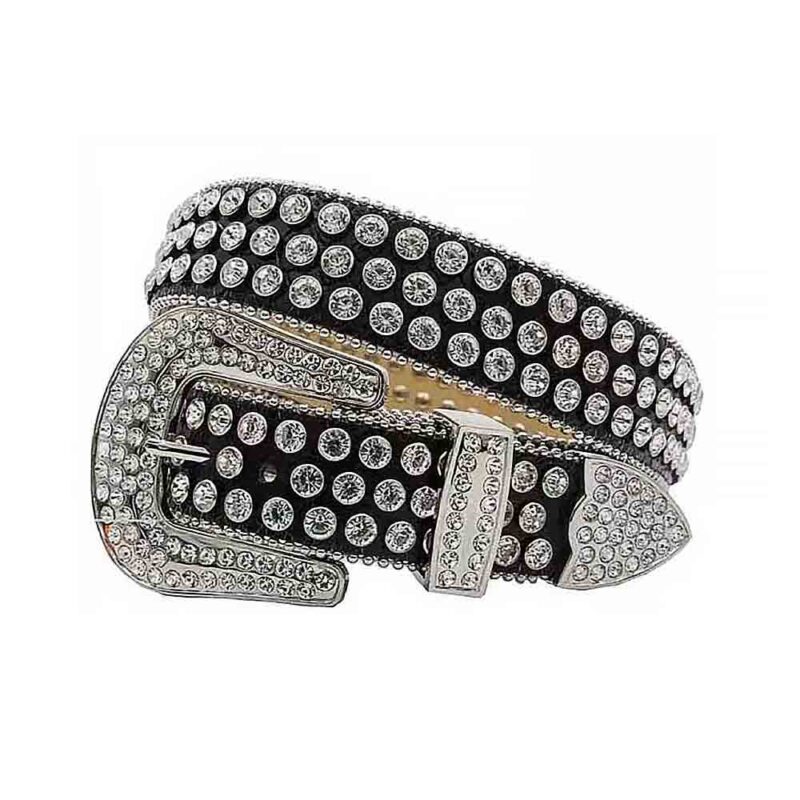 Black Leather Strap BB Belt with White Diamond Rhinestone Belt
