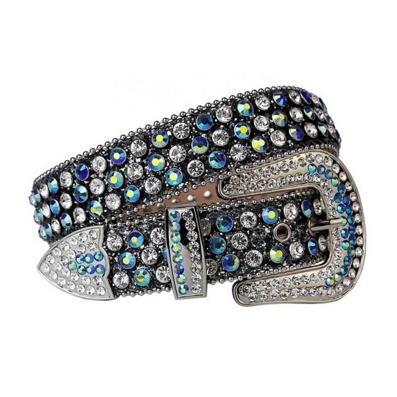 Black Shimmer Leather Strap with Multi Blue and White Rhinestone Belt