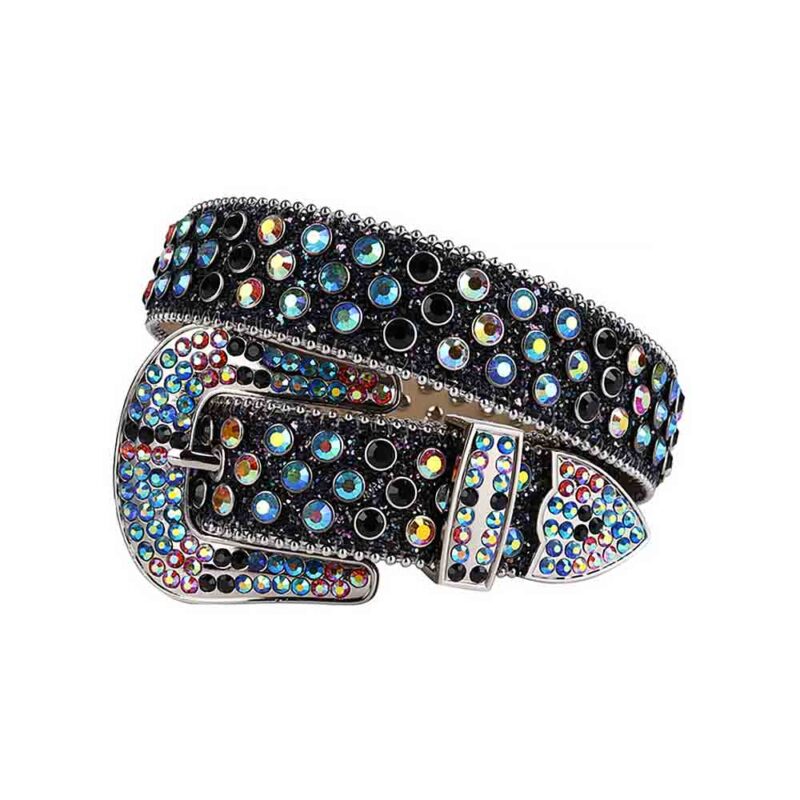 Black Shimmer Leather Strap with Multi and Black Rhinestone Belt