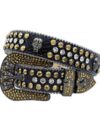 Black Leather Strap with Skulls Studded Gold and White Rhinestone Belt