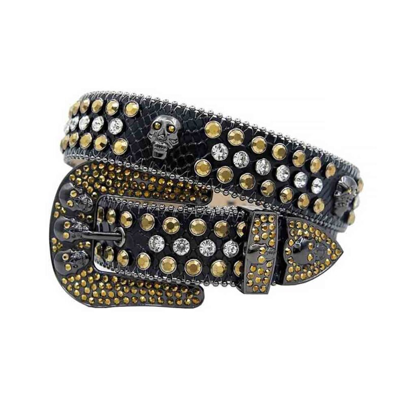 Black Leather Strap with Skulls Studded Gold and White Rhinestone Belt