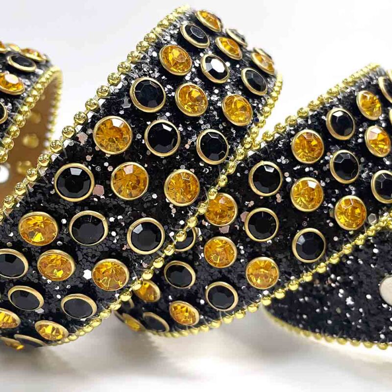Black Strap Belt with Gold and Black Color Diamond Embellished Rhinestone Belt - Image 6