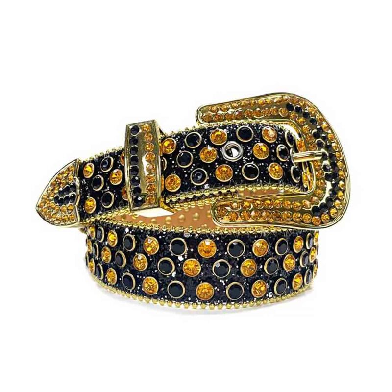 Black Strap Belt with Gold and Black Color Diamond Embellished Rhinestone Belt - Image 5