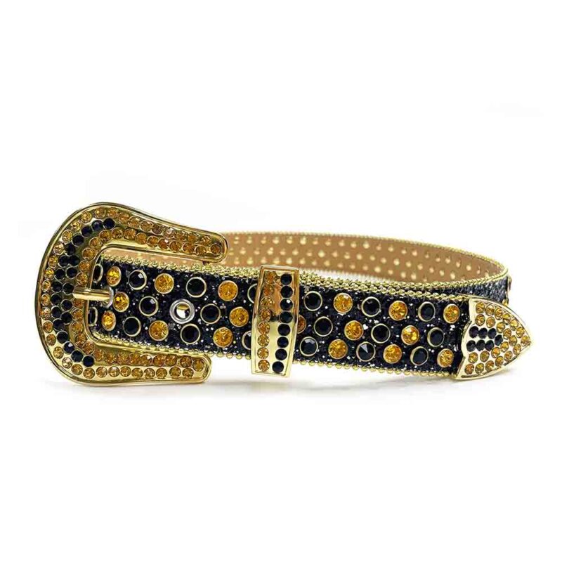 Black Strap Belt with Gold and Black Color Diamond Embellished Rhinestone Belt - Image 4