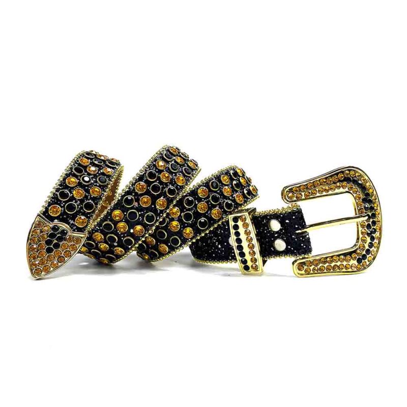 Black Strap Belt with Gold and Black Color Diamond Embellished Rhinestone Belt - Image 3