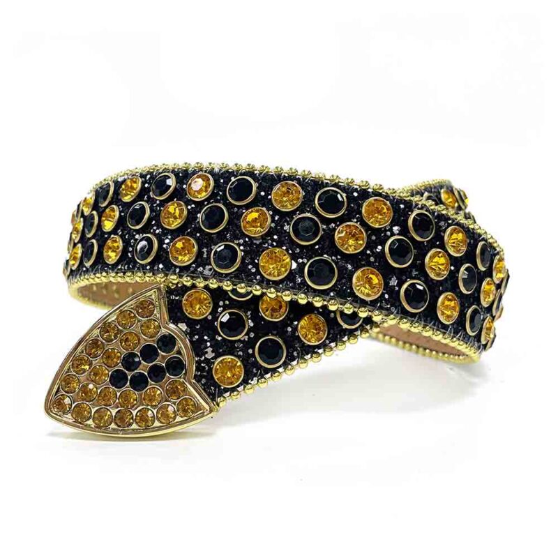Black Strap Belt with Gold and Black Color Diamond Embellished Rhinestone Belt - Image 2