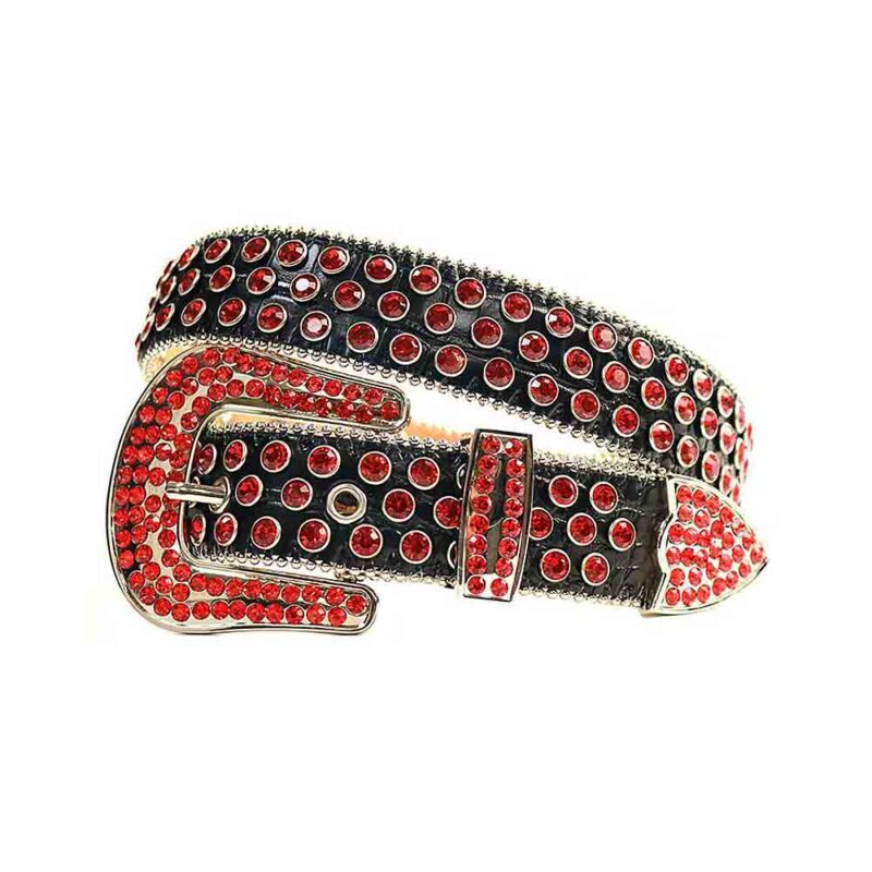 Black Leather Strap with Red Diamond Rhinestone Belt
