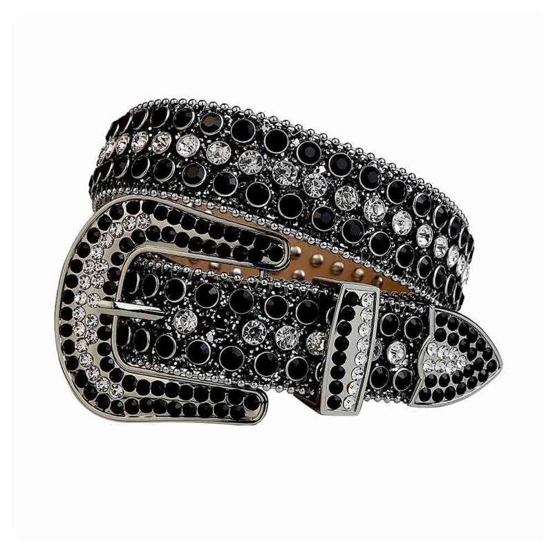 Black Shimmer Leather Strap BB Belt with White and Black Diamond Rhinestone Belt