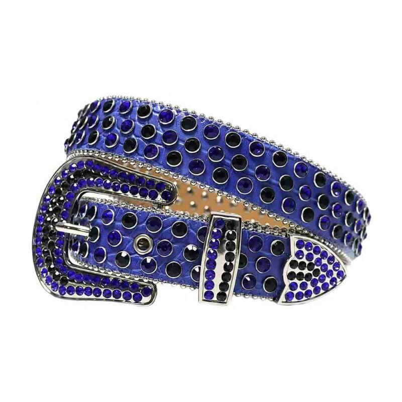 Blue Strap BB Belt with Black and Blue Color Diamond Embellished Rhinestone Belt