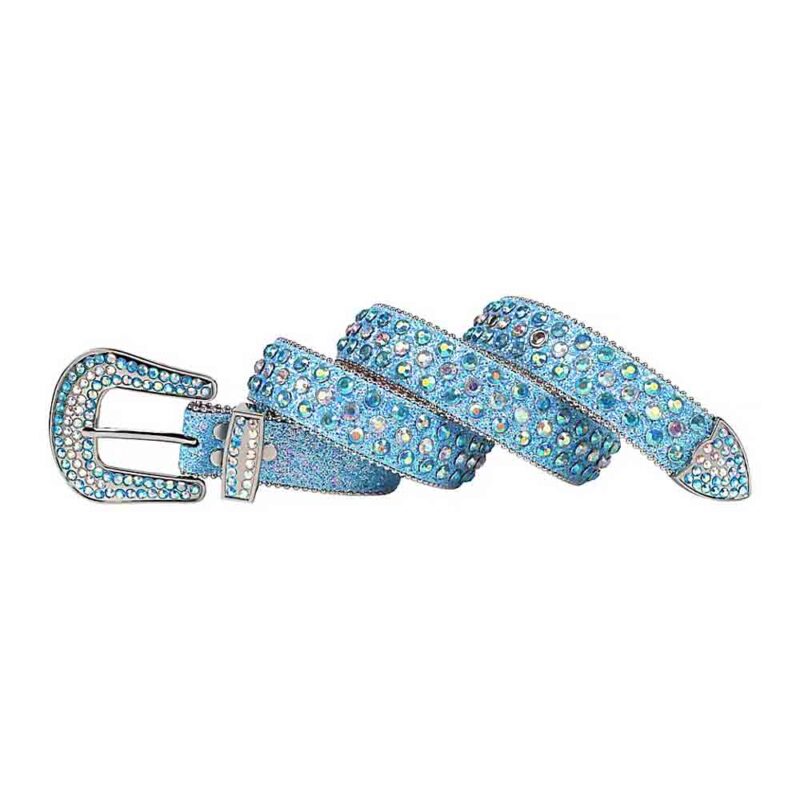 Blue Shimmer Leather Strap with Iridescent and Blue Color Diamond Rhinestone Belt - Image 2