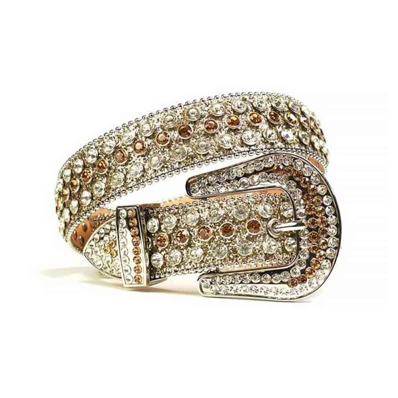 Champagne - Sparkling Champagne Gold Strap BB Belt with Champagne and White Color Diamond Embellished Rhinestone Belt