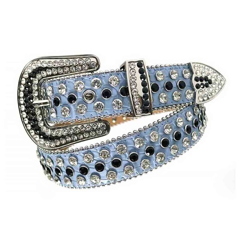 Could Blue - Blue Strap BB Belt with Black and White Color Diamond Embellished Rhinestone Belt