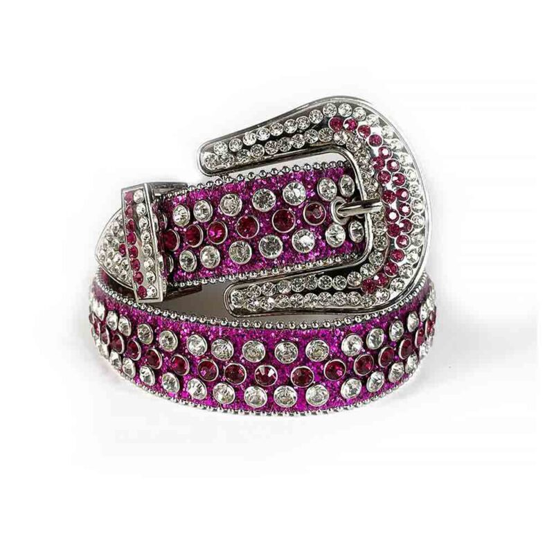Fuchsia Shimmer Leather Strap BB Belt with White and Purple Diamond Rhinestone Belt