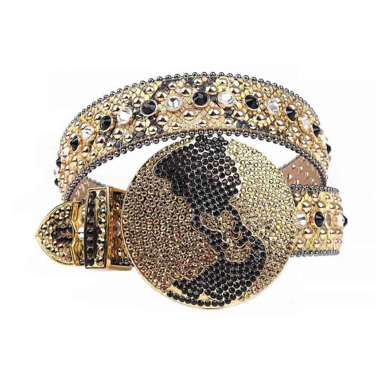 Gold - Black Globe Leather Strap with White and Black Studded Rhinestone Belt