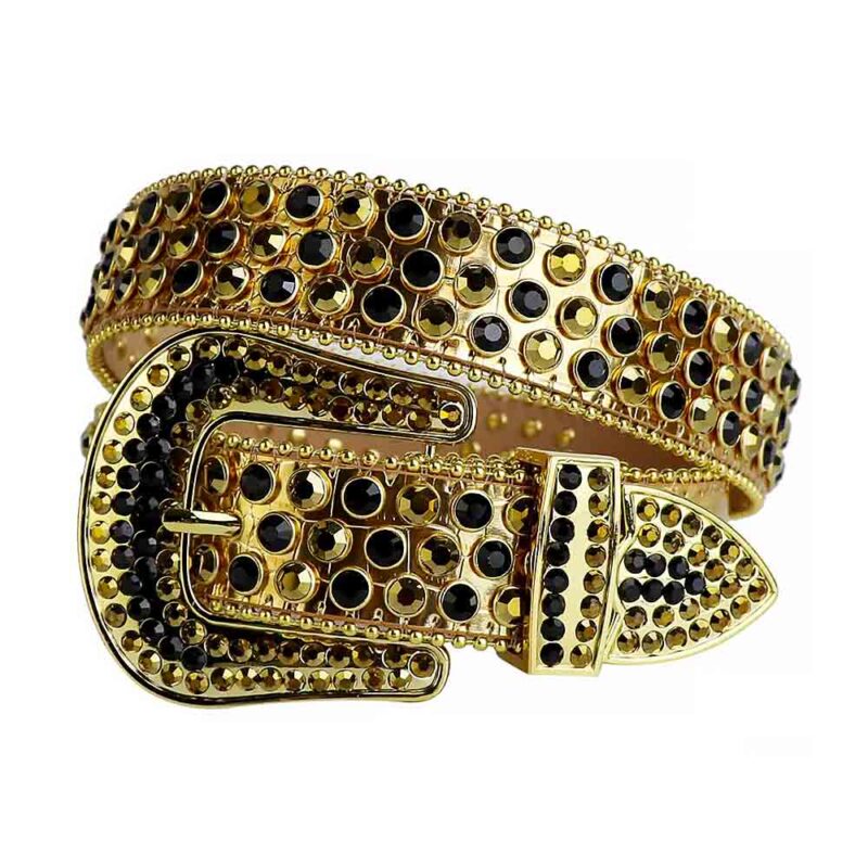 Gold Leather Strap BB Belt with Gold and Black Diamond Rhinestone Belt