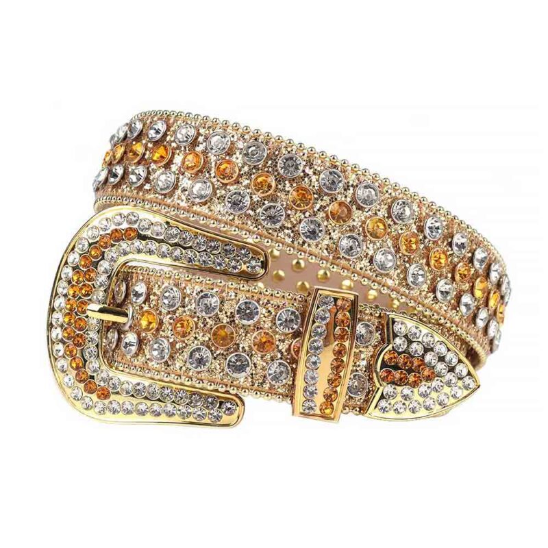 Gold Shimmer Leather Strap with White and Gold Rhinestone Belt