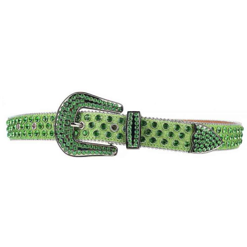 Green Shimmer Leather Strap with Green Color Diamond Rhinestone Belt - Image 3
