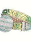 Green Iridescent - Globe Leather Strap with Gold and Green Iridescent Studded Rhinestone Belt with Silver Globe Buckle