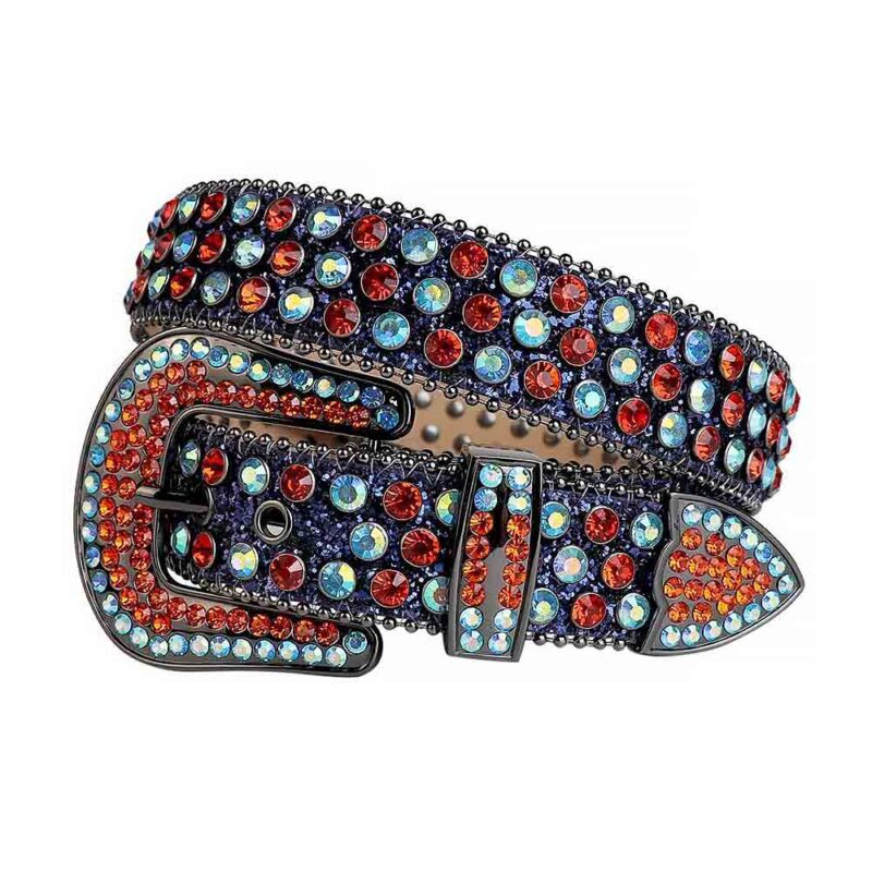 Navy Blue Shimmer Leather Strap with Blue and Red Rhinestone Belt