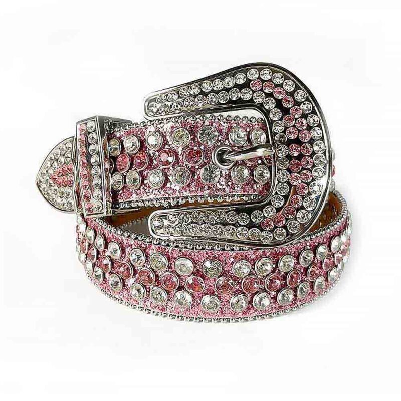 Classic Pink Rose - Pink Strap Belt with White & Pink Diamond Embellished Rhinestone Belt