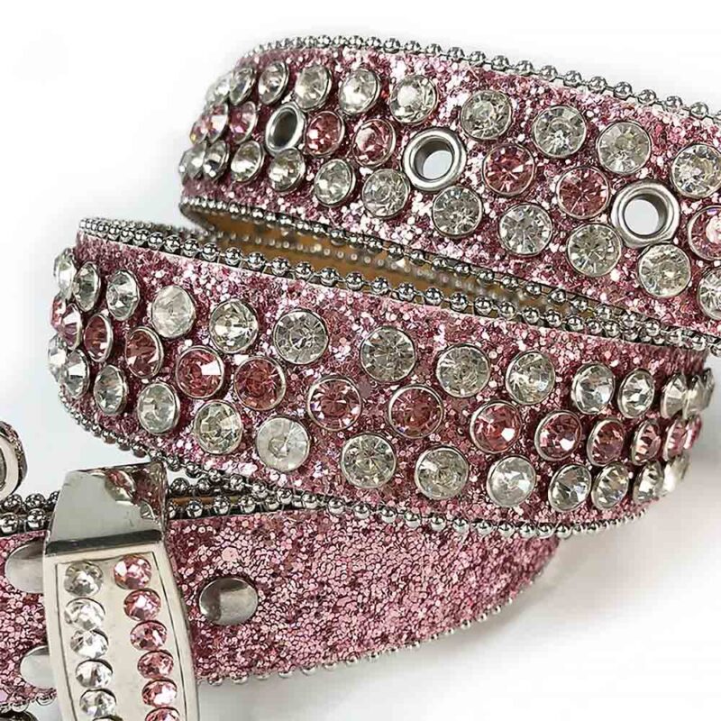 Classic Pink Rose - Pink Strap Belt with White & Pink Diamond Embellished Rhinestone Belt - Image 3