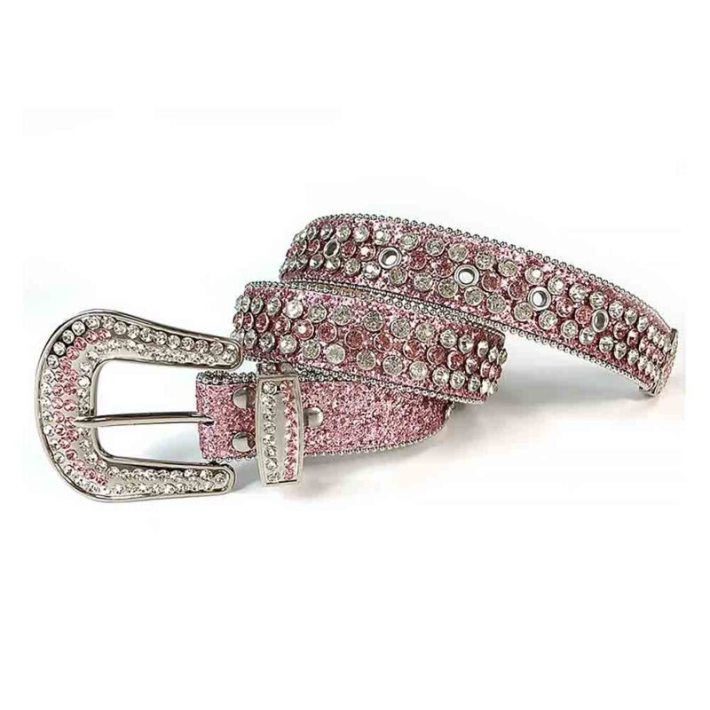 Classic Pink Rose - Pink Strap Belt with White & Pink Diamond Embellished Rhinestone Belt - Image 2