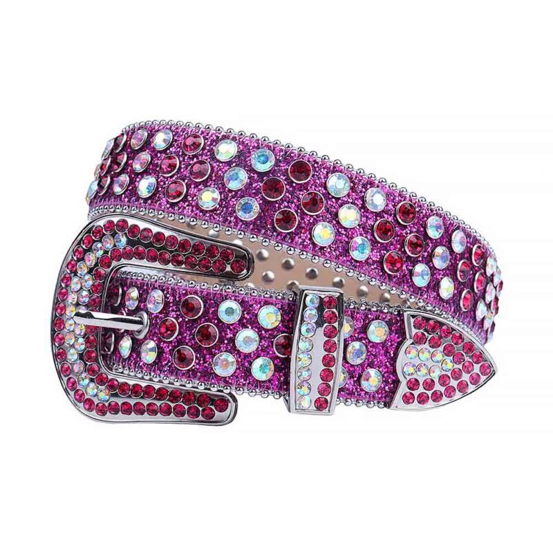 Purple Shimmer Leather Strap Studded with Red and Multi White Rhinestone Belt