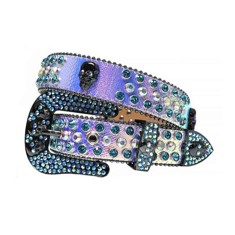 Purple Leather Strap with Skulls Studded Iridescent and Multi color Rhinestone Belt