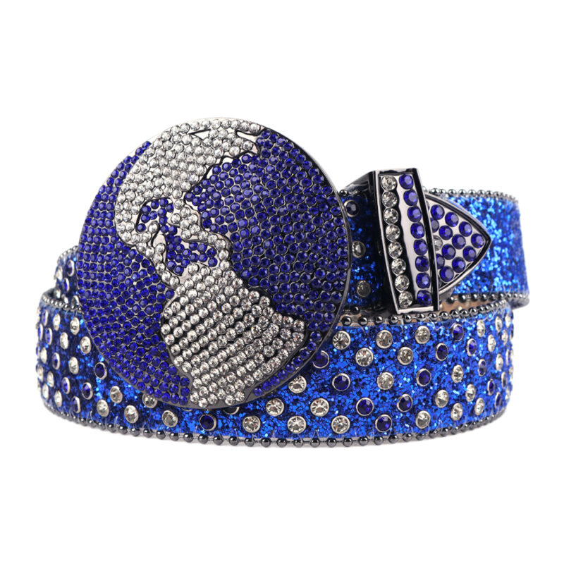 Blue and Silver Globe Leather Strap with Blue and Silver Studded Rhinestone Belt - Image 2
