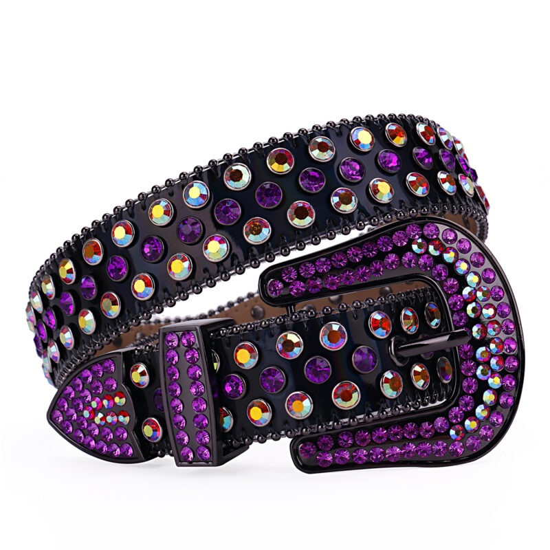 Black Leather Strap with Studded Purple and Multicolor Rhinestone Belt