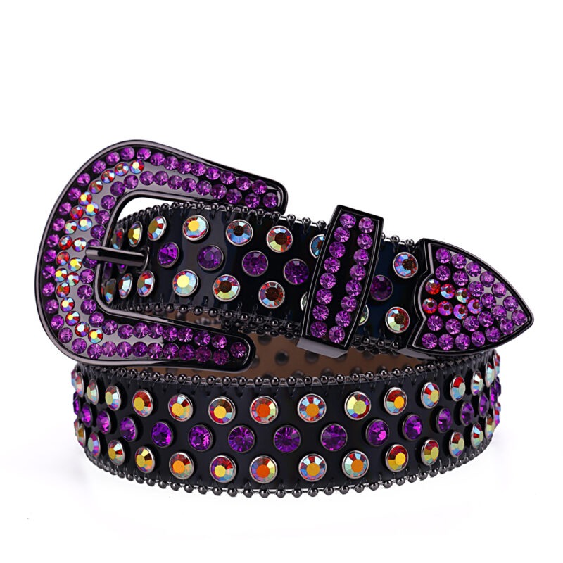 Black Leather Strap with Studded Purple and Multicolor Rhinestone Belt - Image 2