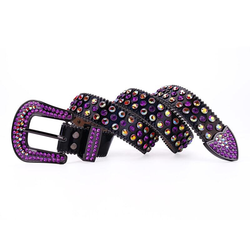 Black Leather Strap with Studded Purple and Multicolor Rhinestone Belt - Image 3