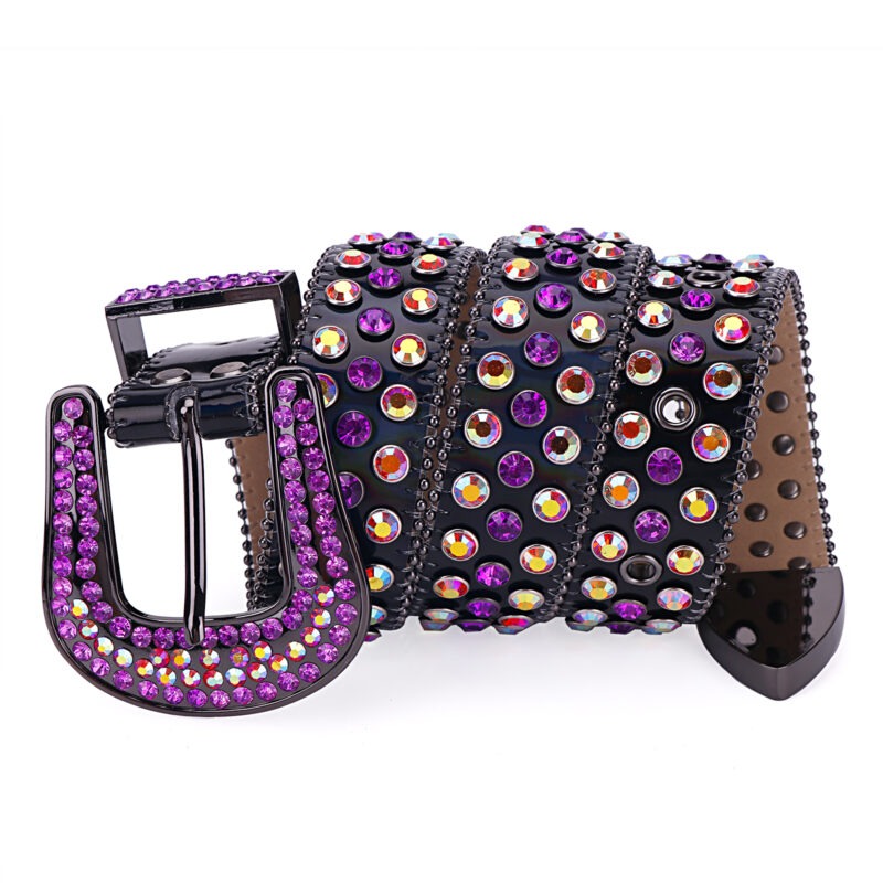 Black Leather Strap with Studded Purple and Multicolor Rhinestone Belt - Image 4