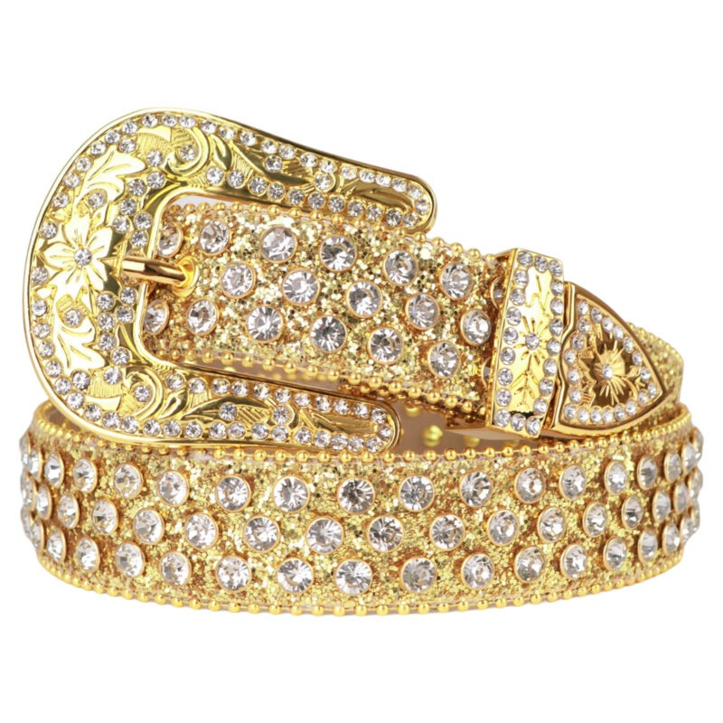 Gold Shimmer Leather Strap with Studded White Rhinestone Belt Designer Buckle