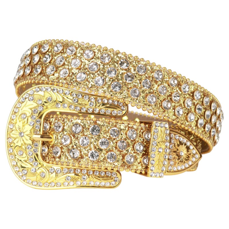 Gold Shimmer Leather Strap with Studded White Rhinestone Belt Designer Buckle - Image 2