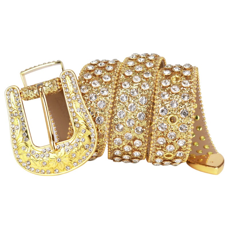 Gold Shimmer Leather Strap with Studded White Rhinestone Belt Designer Buckle - Image 3