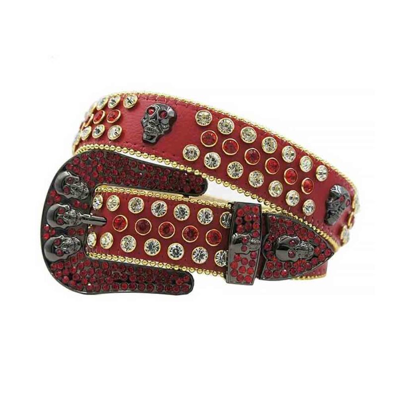Red Leather Strap with Skulls Studded Red and White Rhinestone Belt