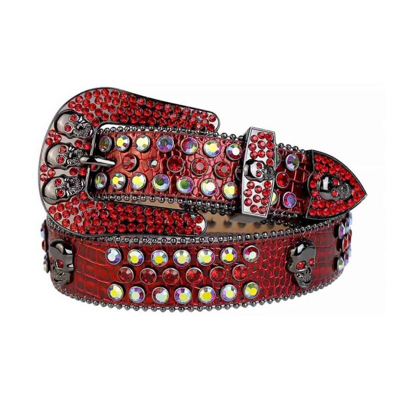 Red Leather Strap with Skulls Studded Multi Color and Red Rhinestone Belt
