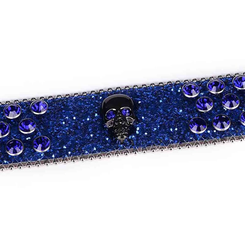 Royal Blue Shimmer Leather Strap with Skulls Studded Blue Rhinestone Belt - Image 5