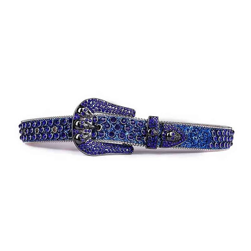 Royal Blue Shimmer Leather Strap with Skulls Studded Blue Rhinestone Belt - Image 2